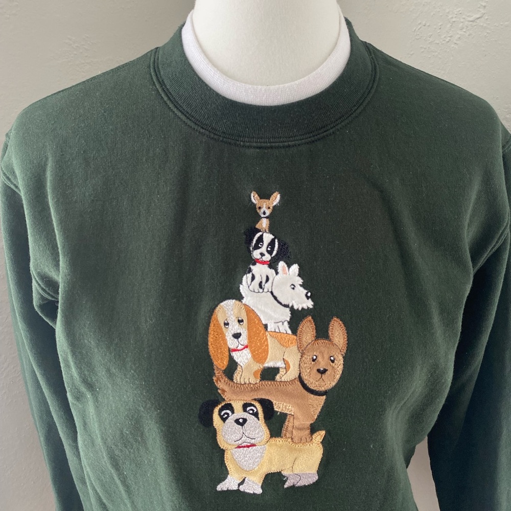 Vtg Green Embroidered Stacked Dog Design Crewneck Sweatshirt Granny Cottage Cozy - Picture 3 of 8